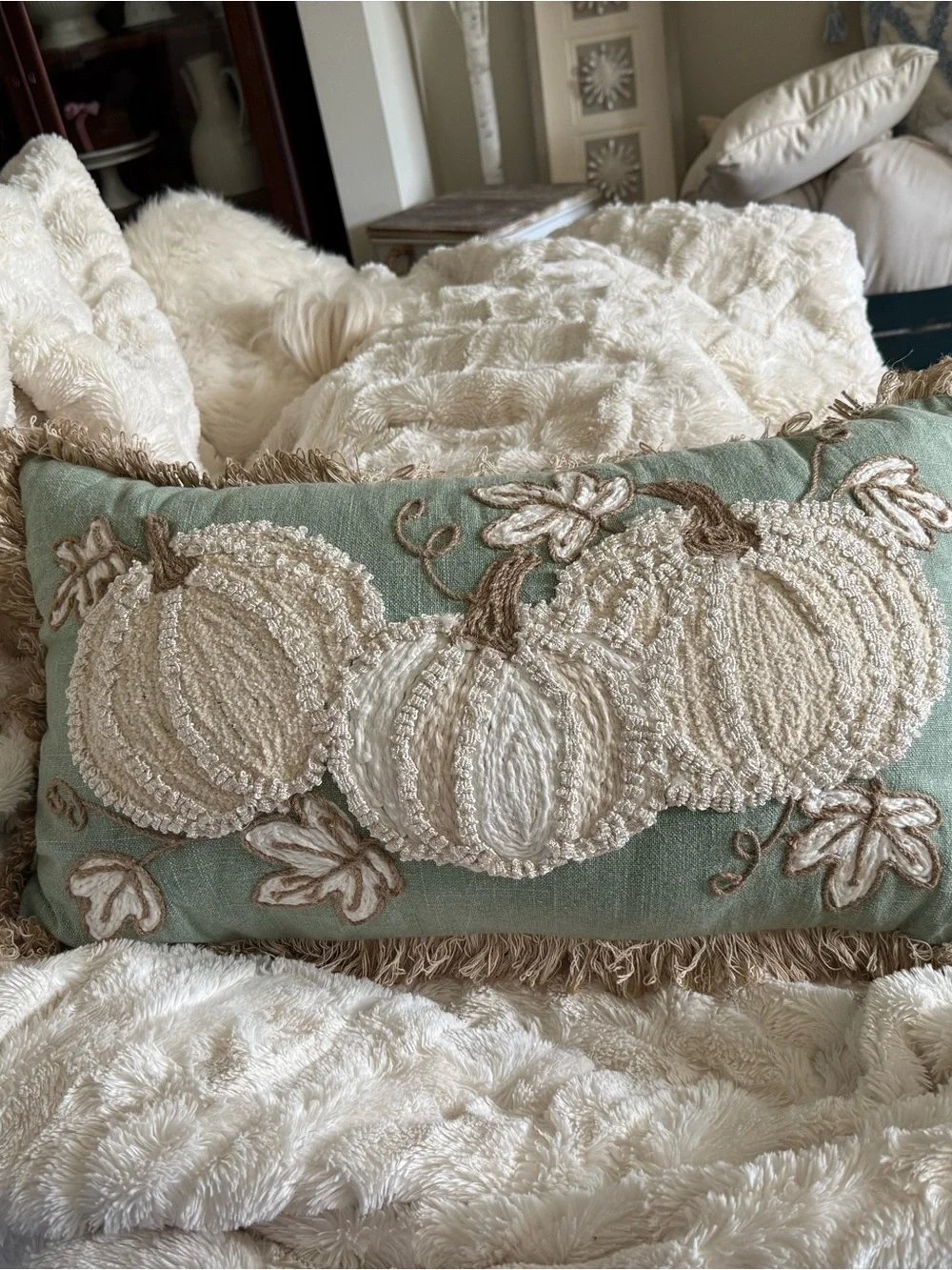 Well Dressed Home- beautiful sage, cream& taupe shades embroidered pumpkins